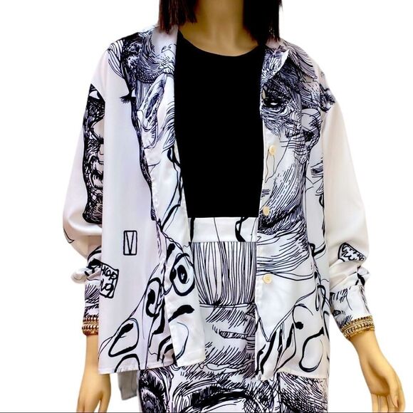 White Button Down Self Reflections Black Pop Art Deco Blazer Shirt NEW - Picture 1 of 4